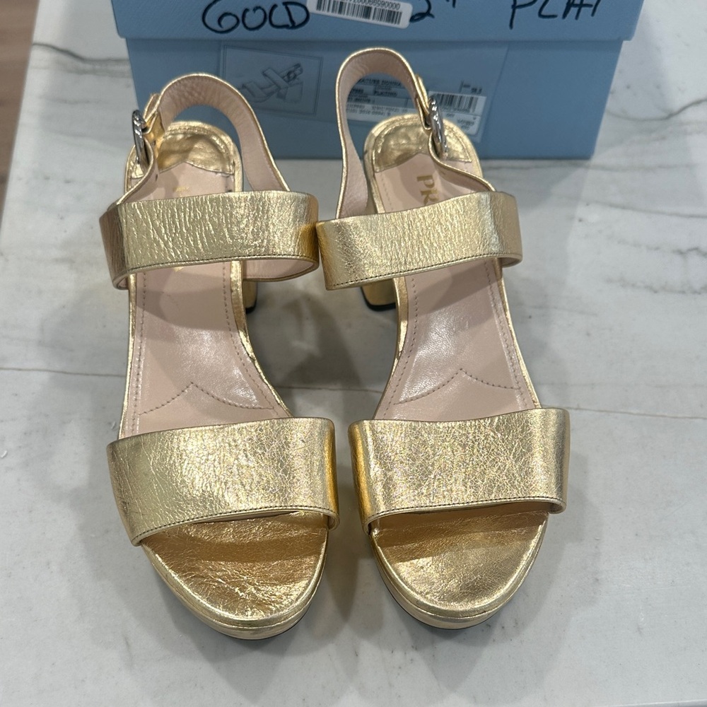 Prada Gold Block Heel Sandals - Picture 2 of 11